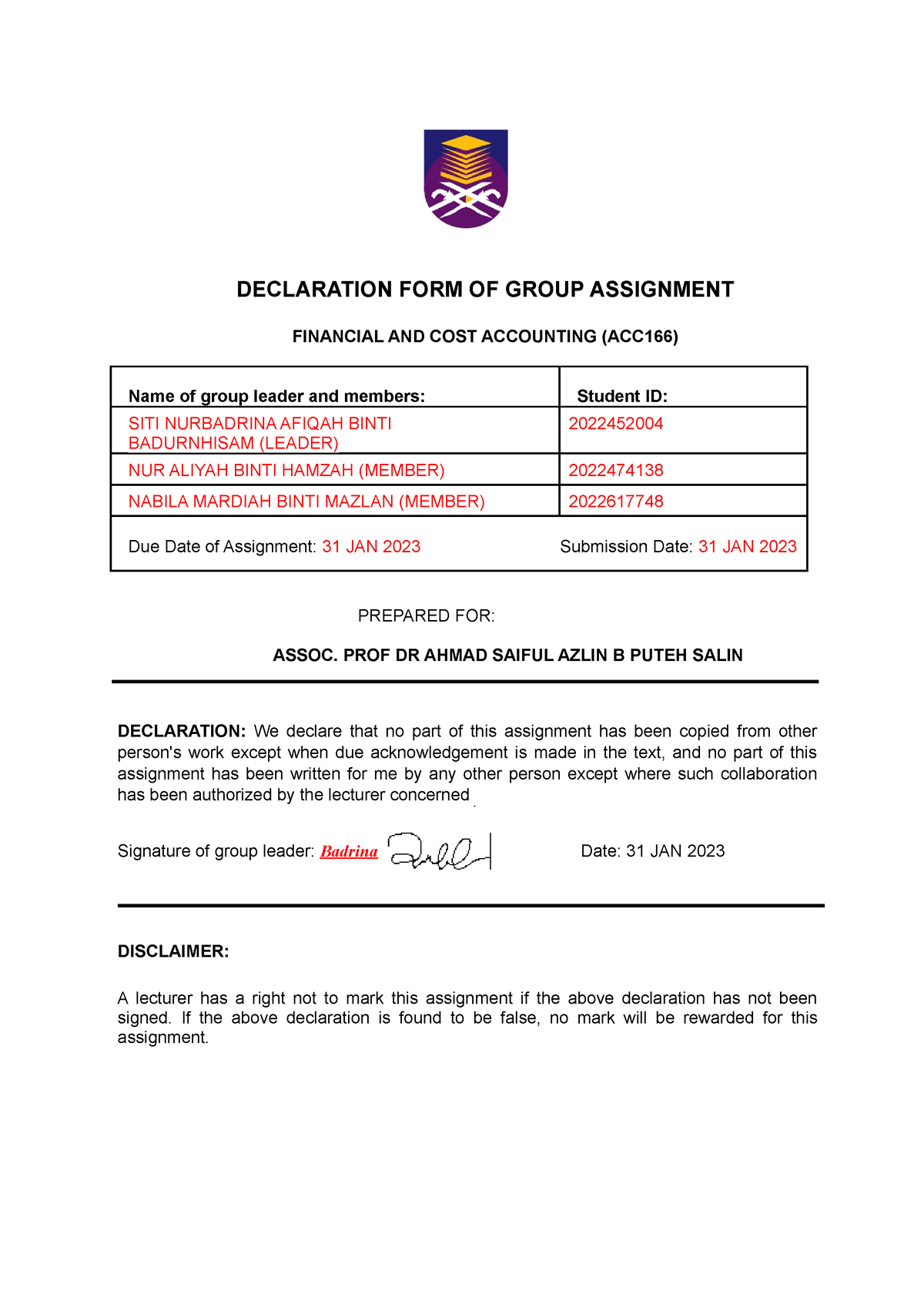 group assignment declaration