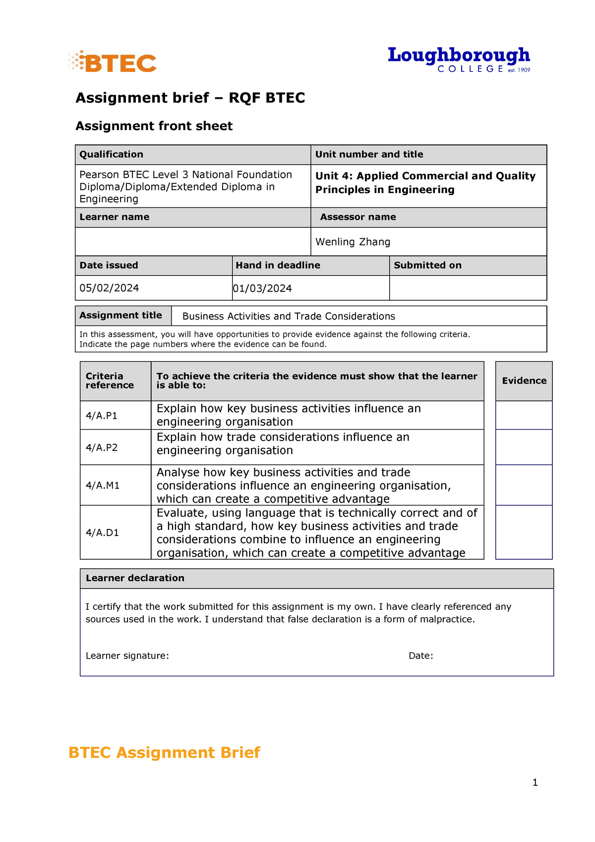 Assignment 1 brief - Working safely as a team - Assignment brief – RQF ...