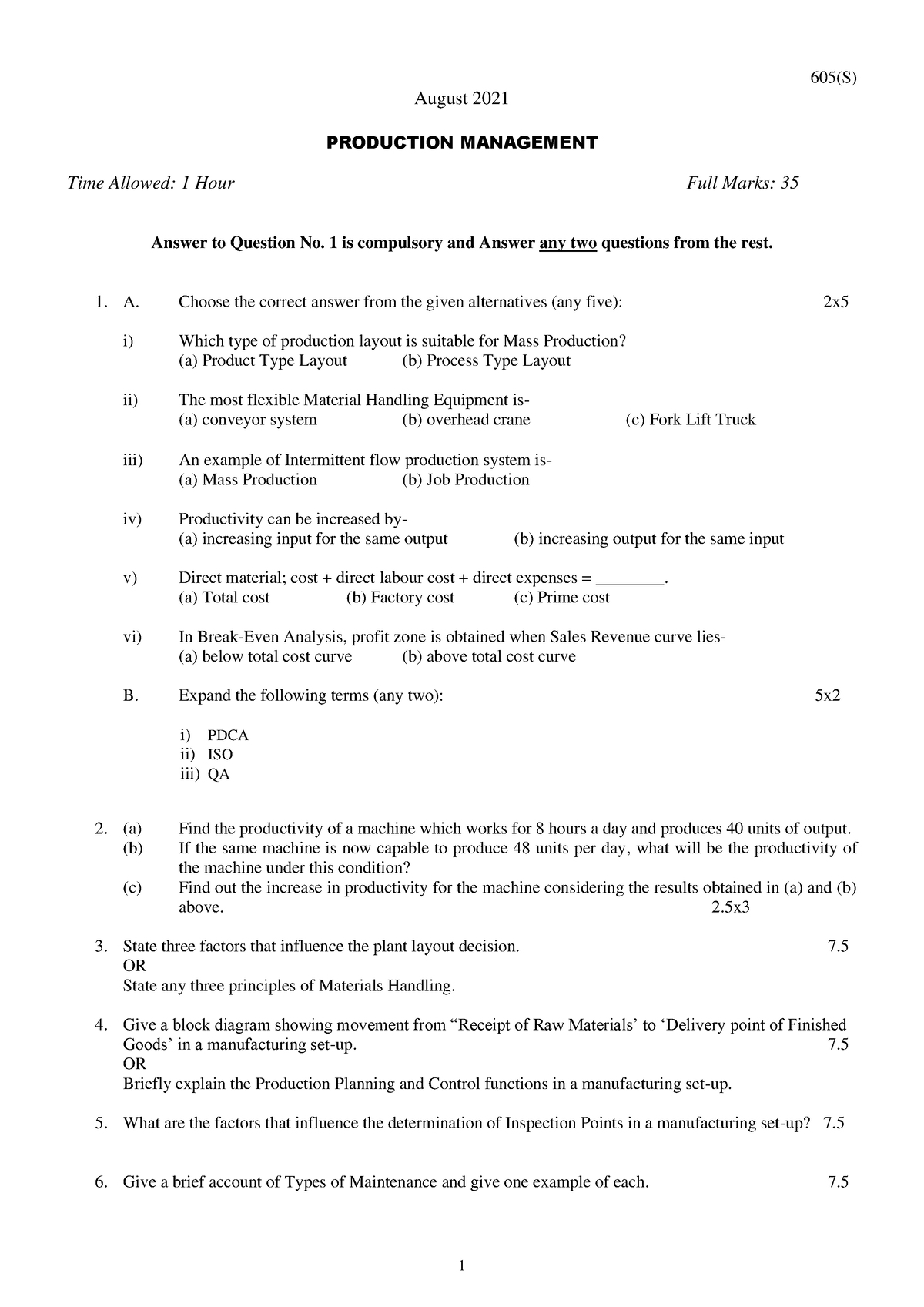 Mechanical mep 6 sem production management 605 s aug 2021 - 1 605(S ...