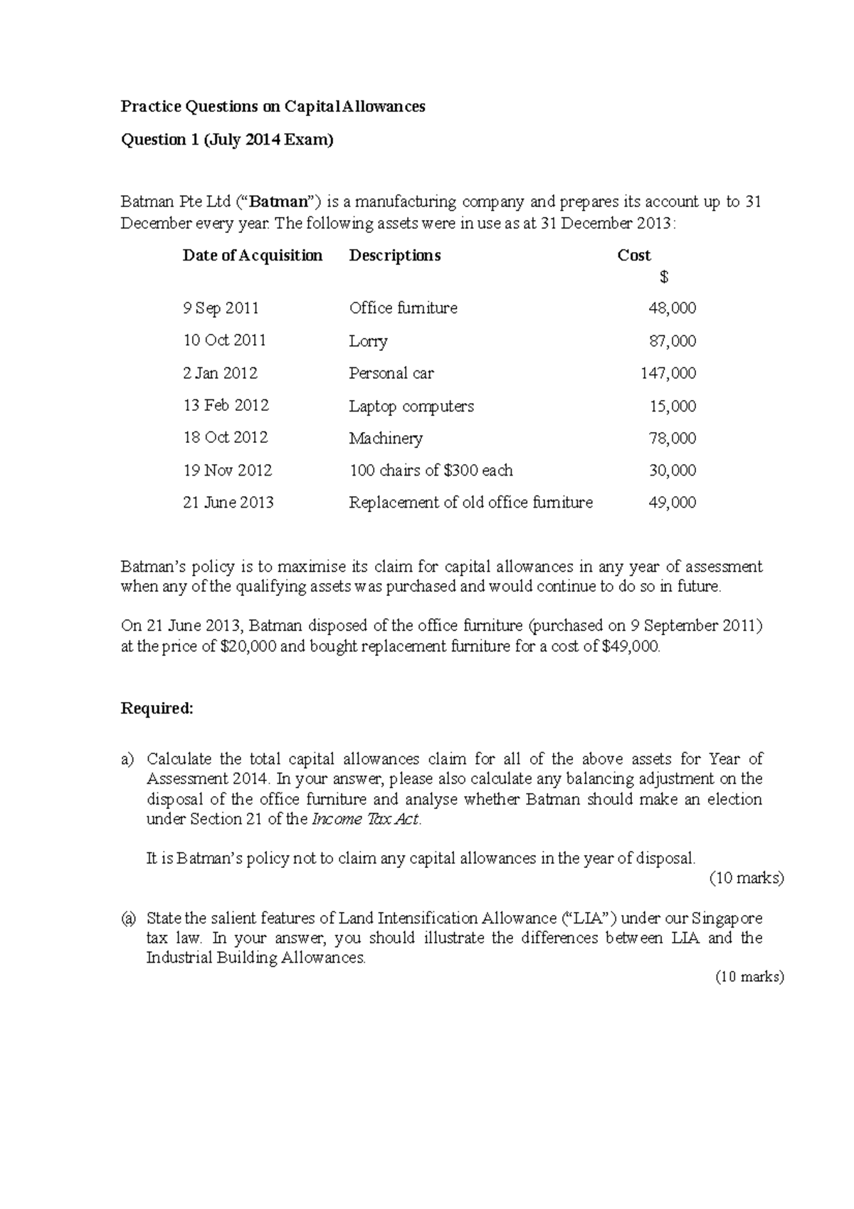 Practice questions from past exams Capital Allowances Practice