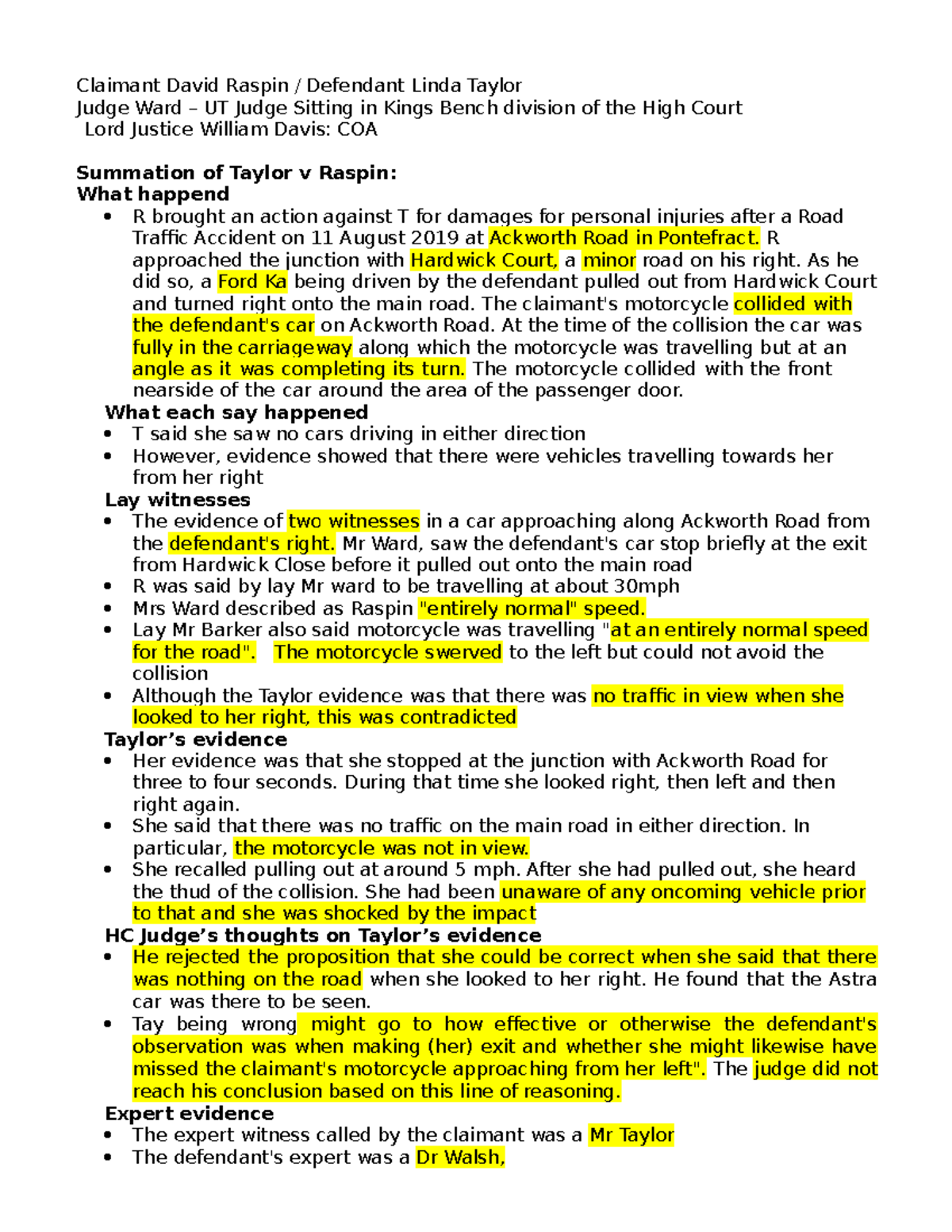 Notes - help - Claimant David Raspin / Defendant Linda Taylor Judge ...
