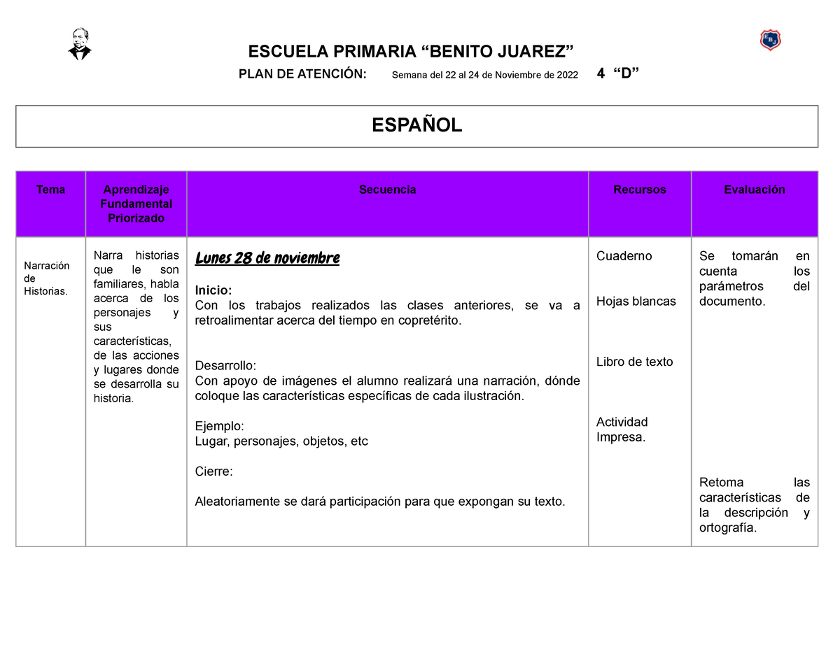 Planeación Cuarto D Semana Del 28 De Noviembre Al 2 Diciembre - ESCUELA ...