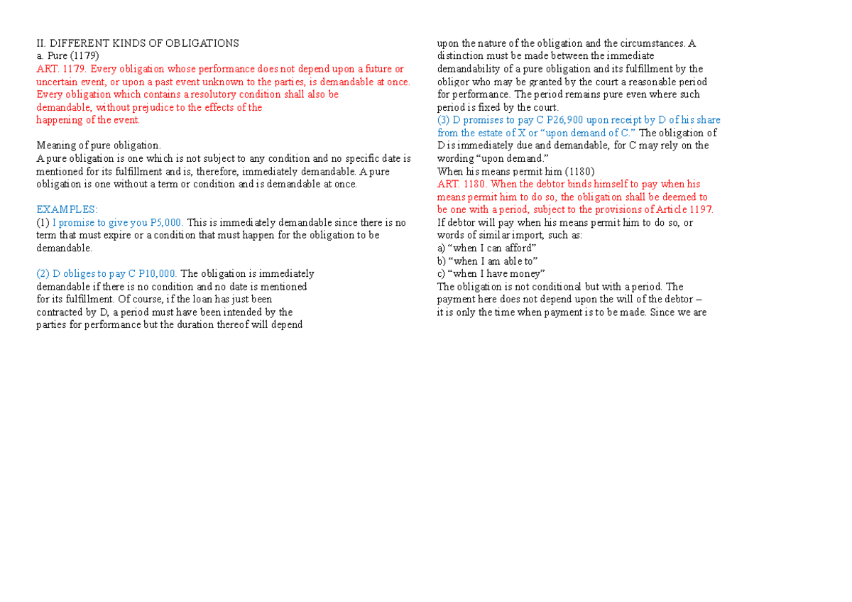 Pure obli - about law - II. DIFFERENT KINDS OF OBLIGATIONS a. Pure ...