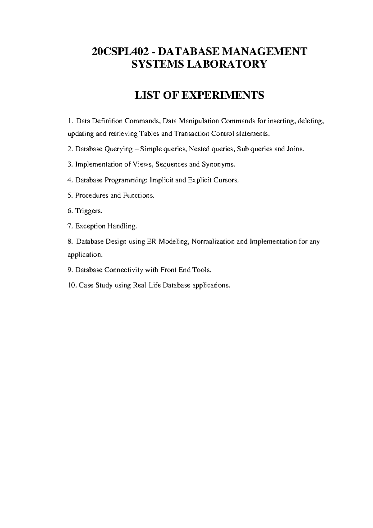DBMS LAB Manual LABORATORY NOTES FOR ANNA UNIVERSITY STUDENTS