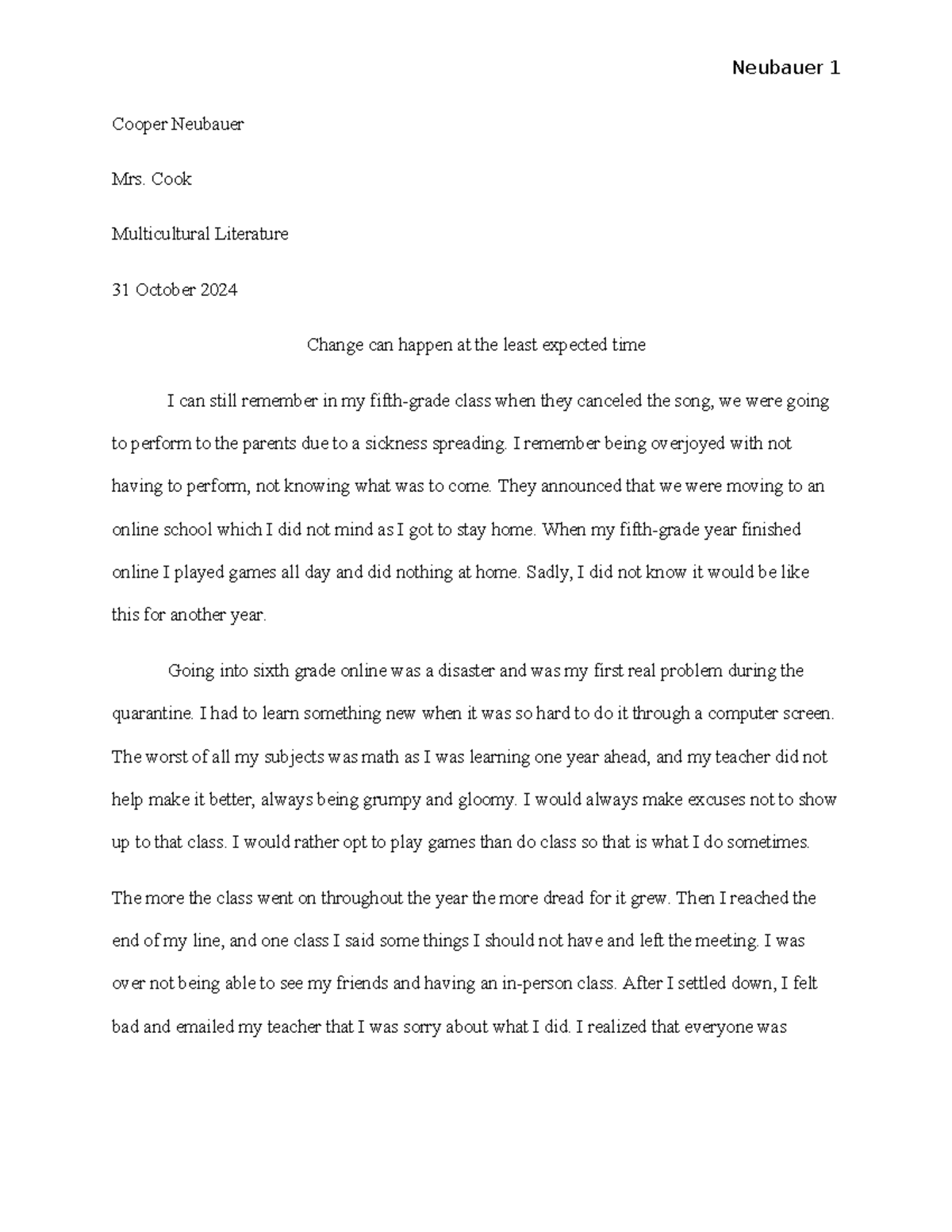 Cooper NLaws of Life Essay Neubauer 1 Cooper Neubauer Mrs. Cook