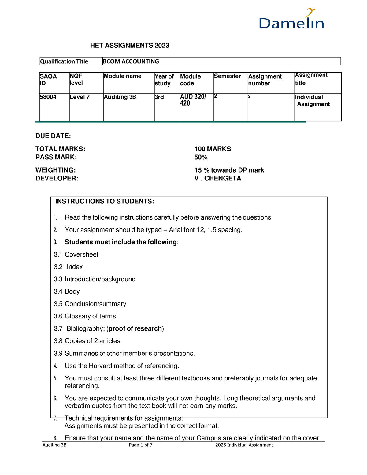 Assignment 2 - Auditing 3B Page 1 of 7 2023 Individual Assignment HET ...