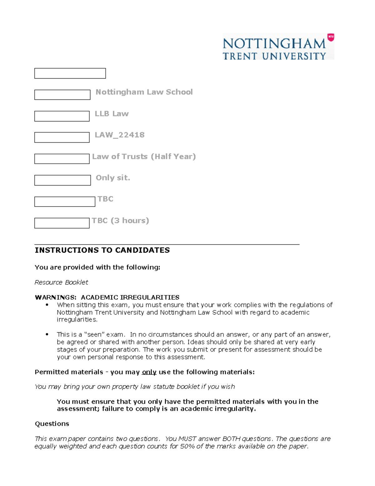 Exam 29 January 2020, questions Nottingham Law School LLB Law LAW