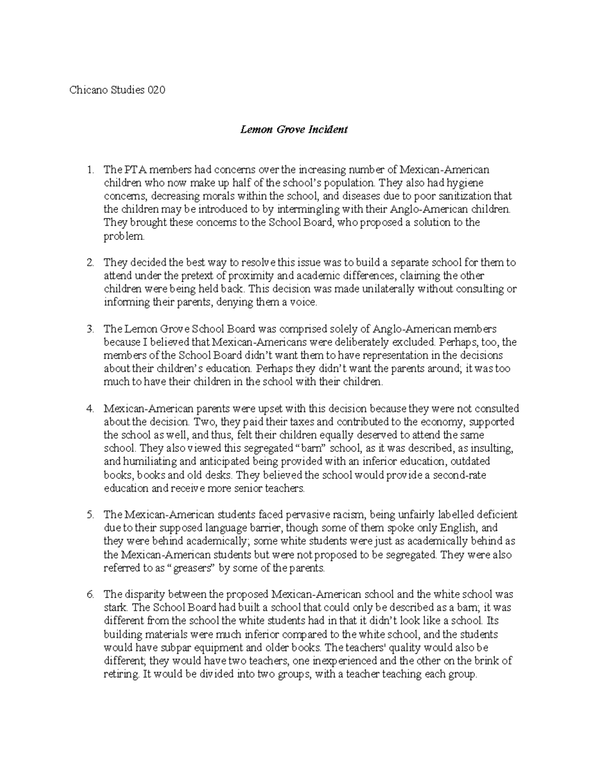 Lemon Grove Incident CHICANO STUDIES Chicano Studies 020 Lemon Grove Incident The PTA