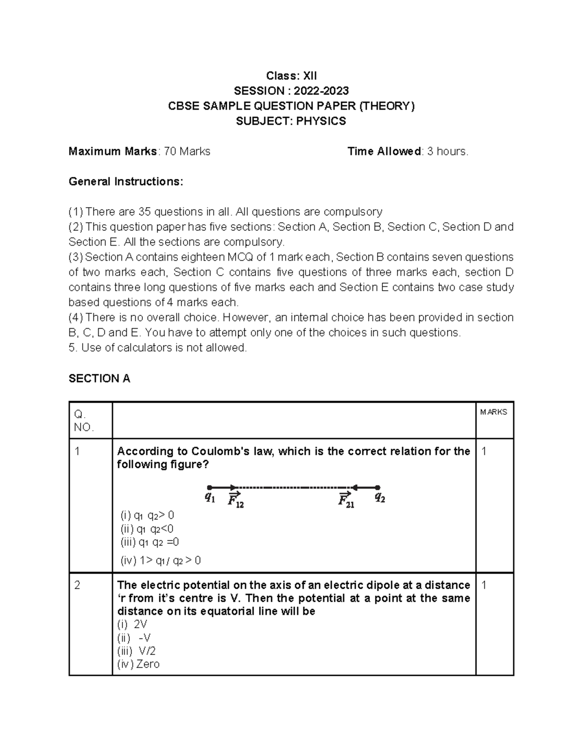 PhysicsSQP1 Physics sample question paper Class XII SESSION