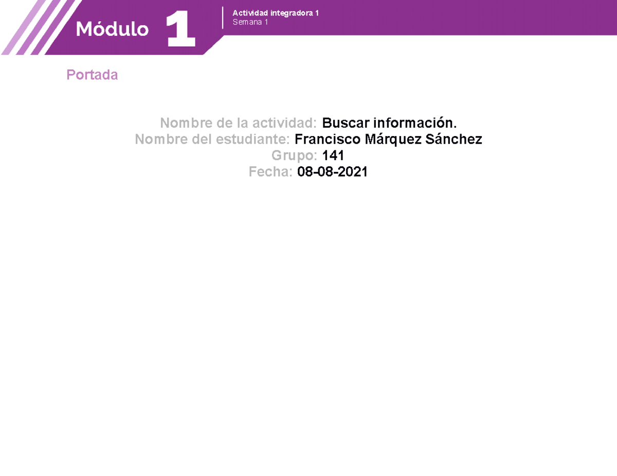 Actividad Integradora 1, Módulo 1, Buscar Información. - Portada Nombre ...
