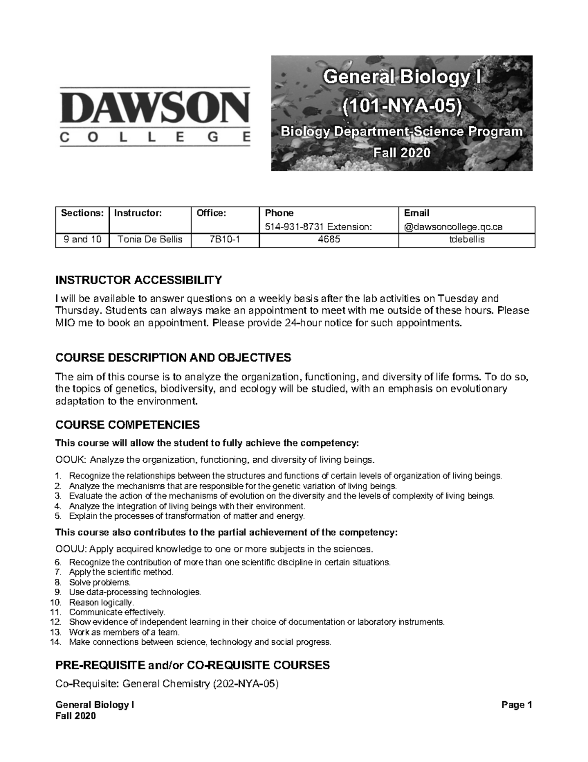 Course outline - bio 1 syllabus - General Biology I Page 1 INSTRUCTOR ...
