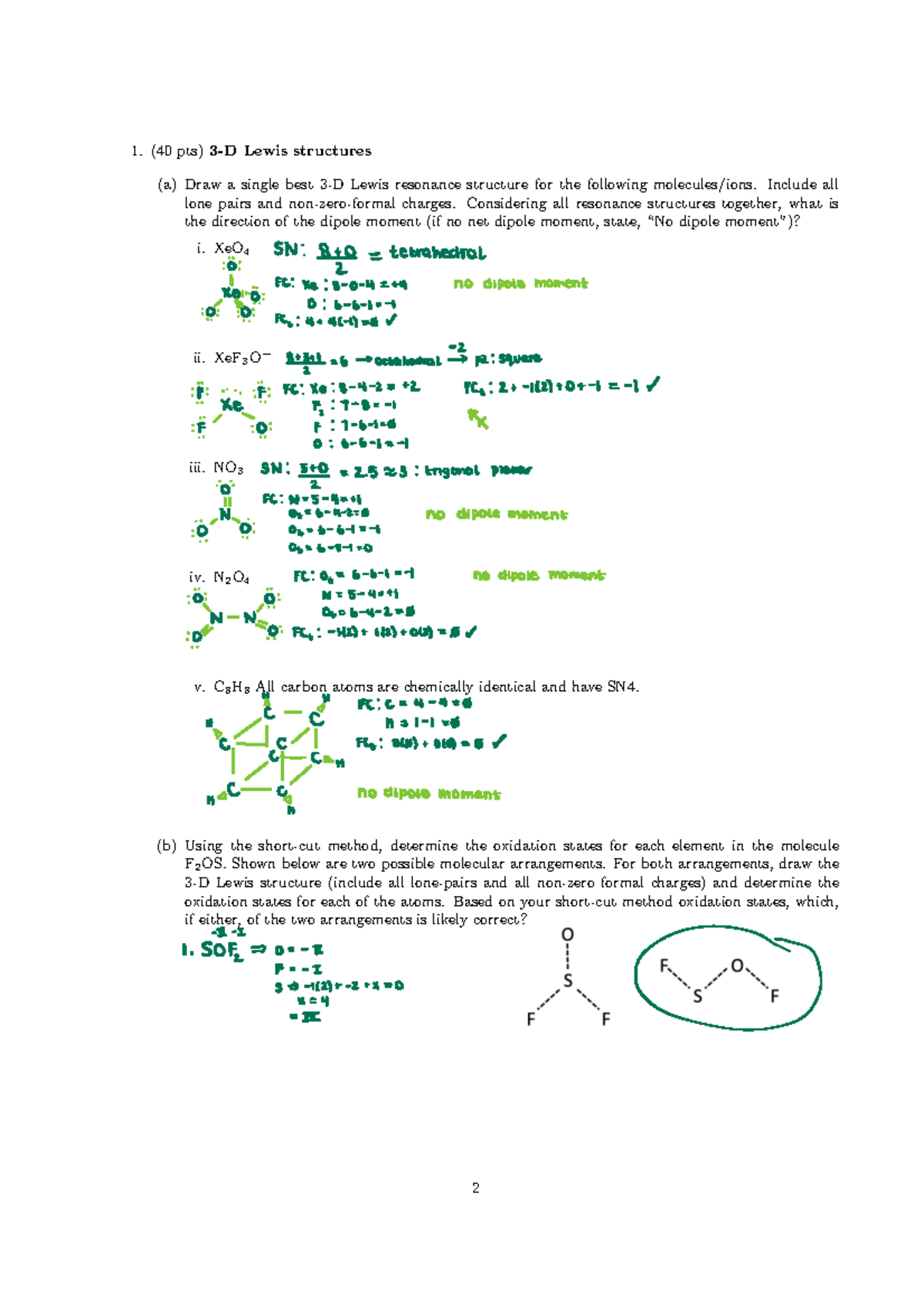 Lewis Structure Practice - ####### 1. (40 pts) 3-D Lewis structures ...