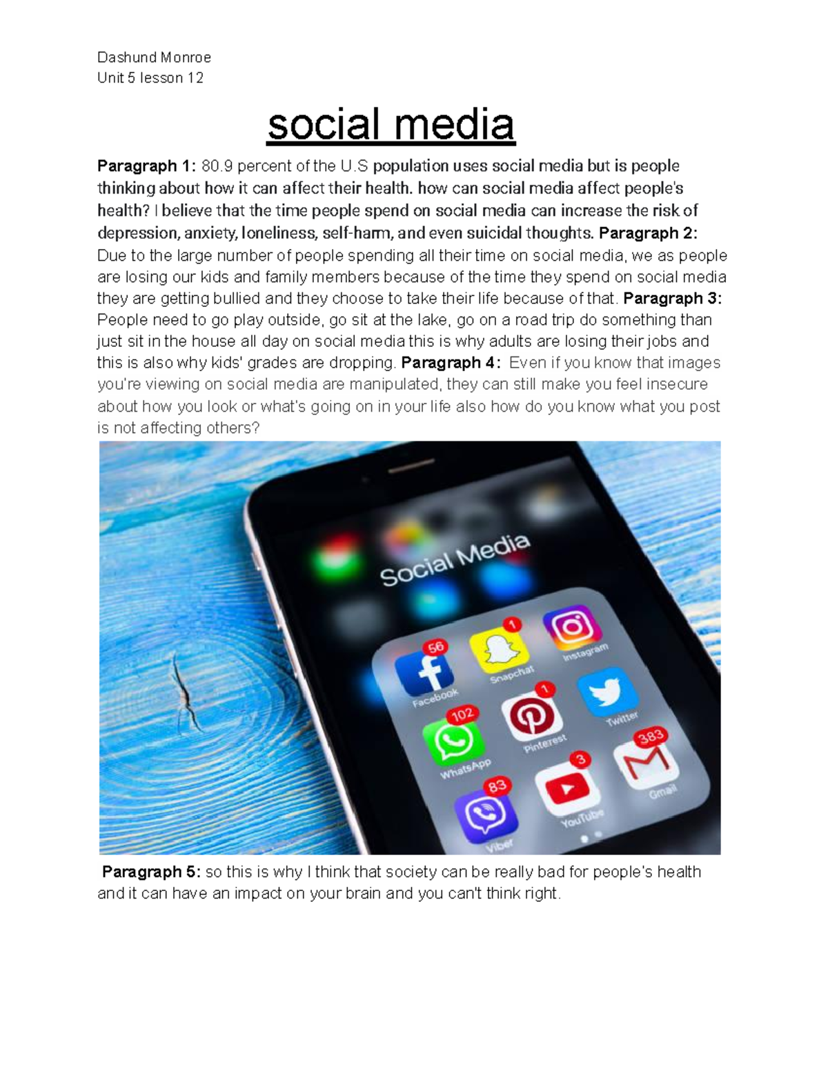 Untitled document (18) Dashund Monroe Unit 5 lesson 12 social media Paragraph 1 80 percent of