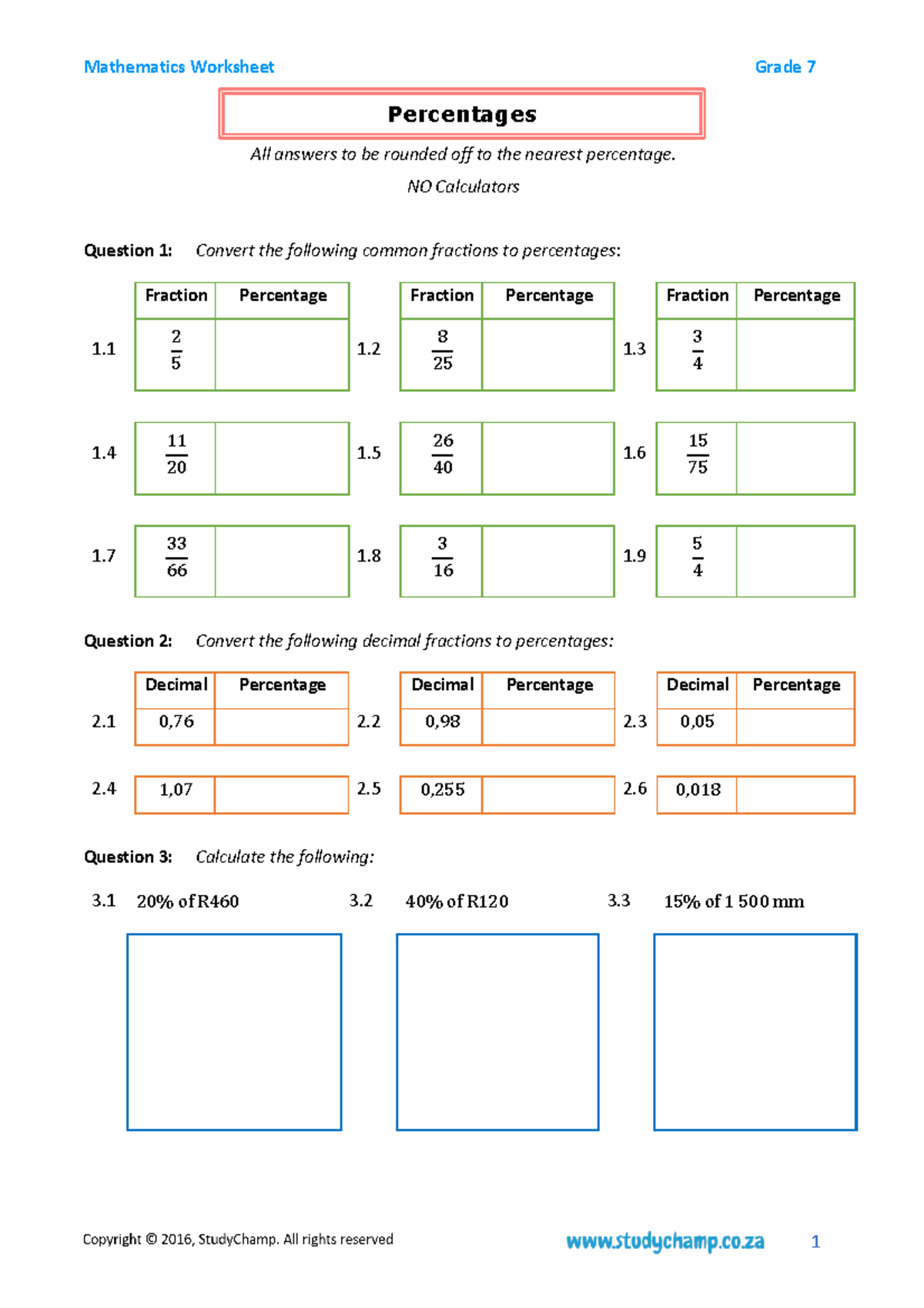 Gr7 Maths ws Percentages - All answers to be rounded off to the nearest ...