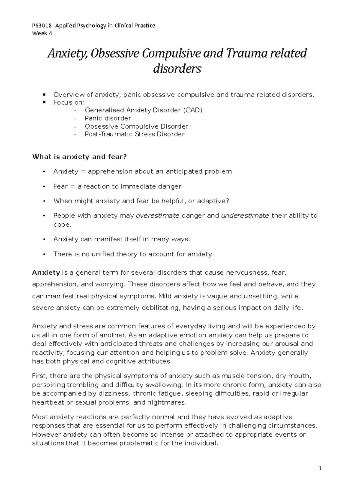 Anxiety, Obsessive Compulsive and Trauma related disorders - PS3018 ...
