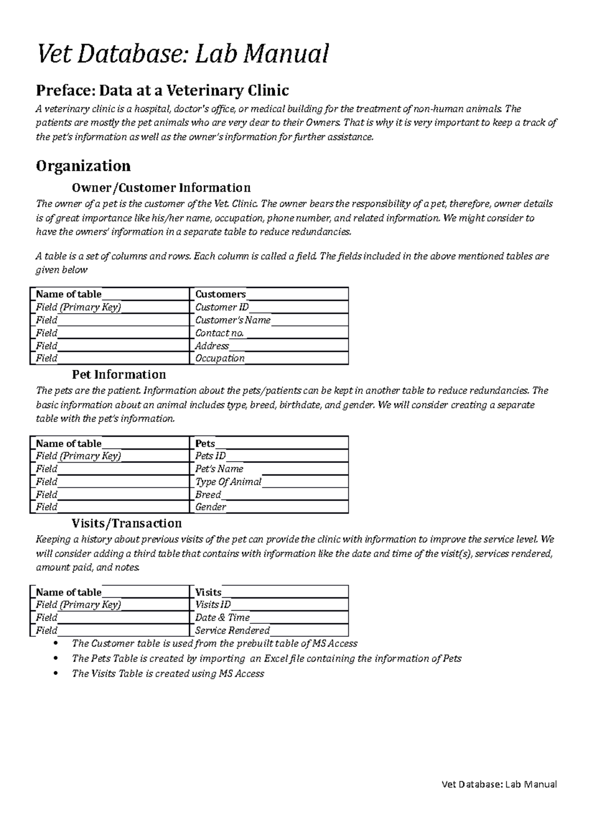 Assignment- vet clinic database - Vet Database: Lab Manual Preface ...