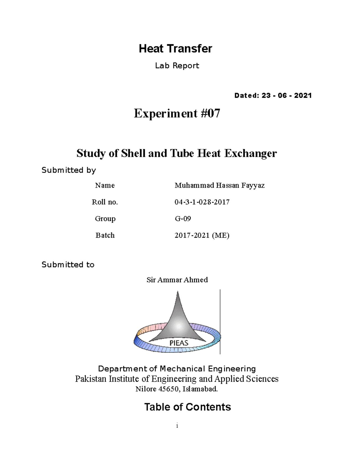 Shell and Tube Heat Exchanger Lab Report Heat Transfer Lab Report Dated 23 06 2021