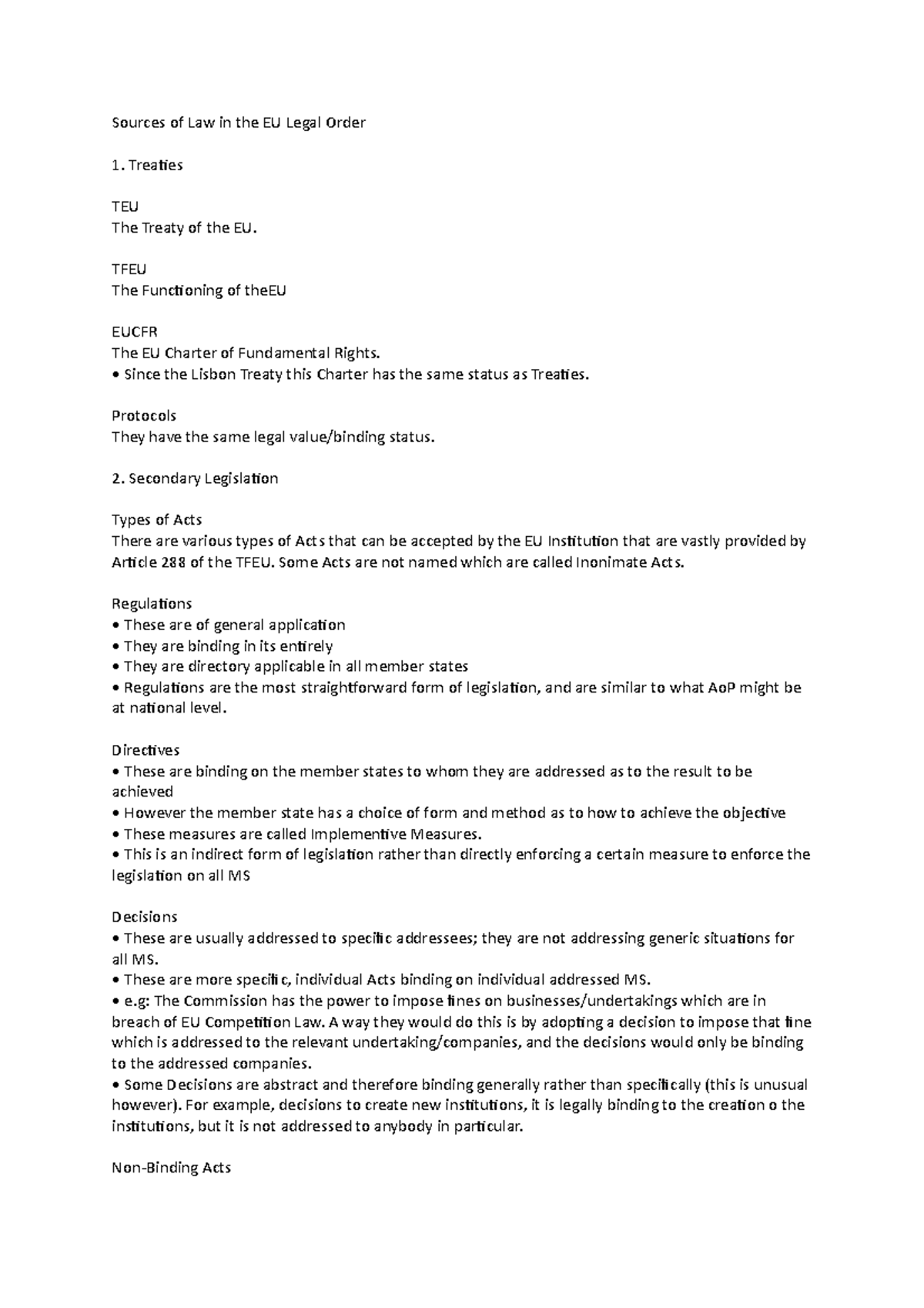 Sources of EU Law - Sources of Law in the EU Legal Order Treaties TEU ...