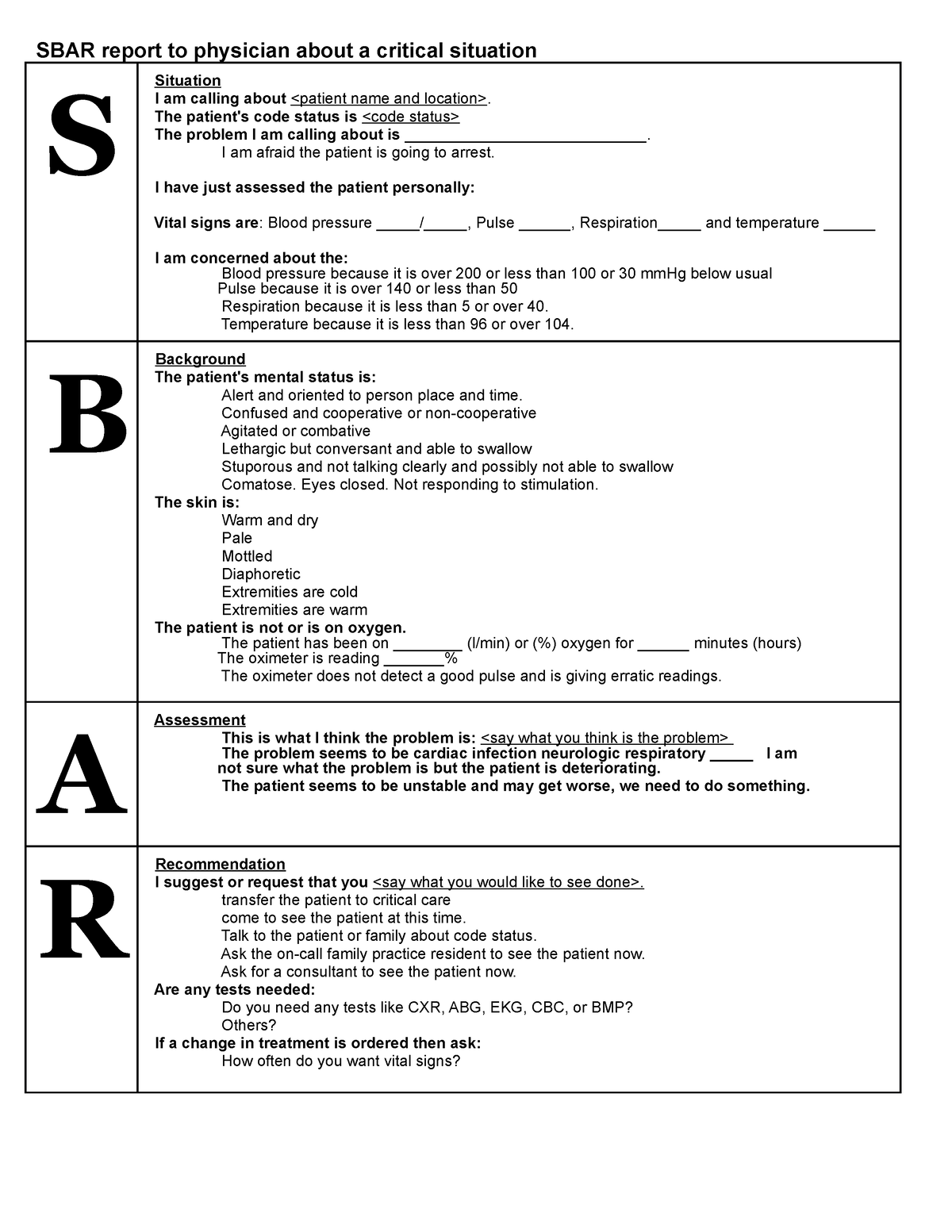 SBAR communication tool (1) - SBAR report to physician about a critical ...