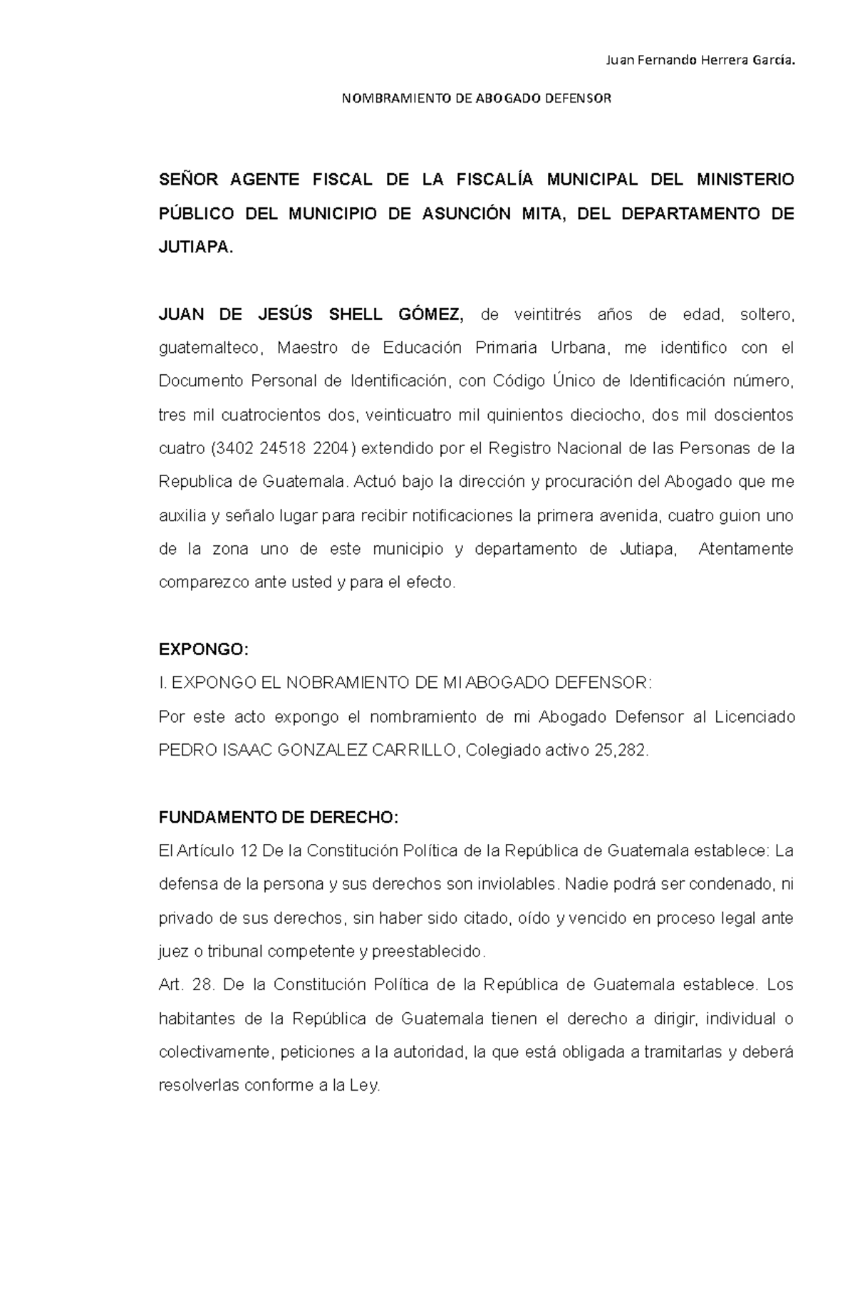 1 Nombrambiento Abogado Defensor Juan Fernando Herrera García