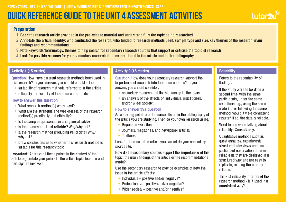 Unit 4 Quick Reference Guide - Preparation 1 Read the research article ...