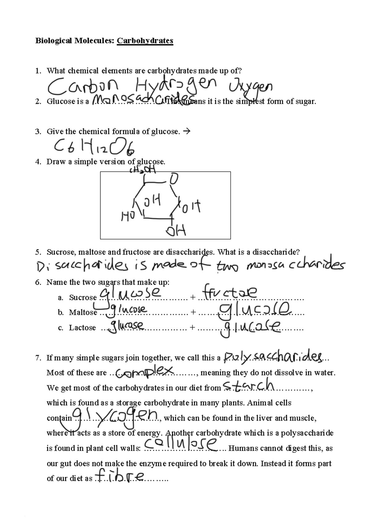 Biological Molecules - Carbohydrates Task - Biological Molecules 