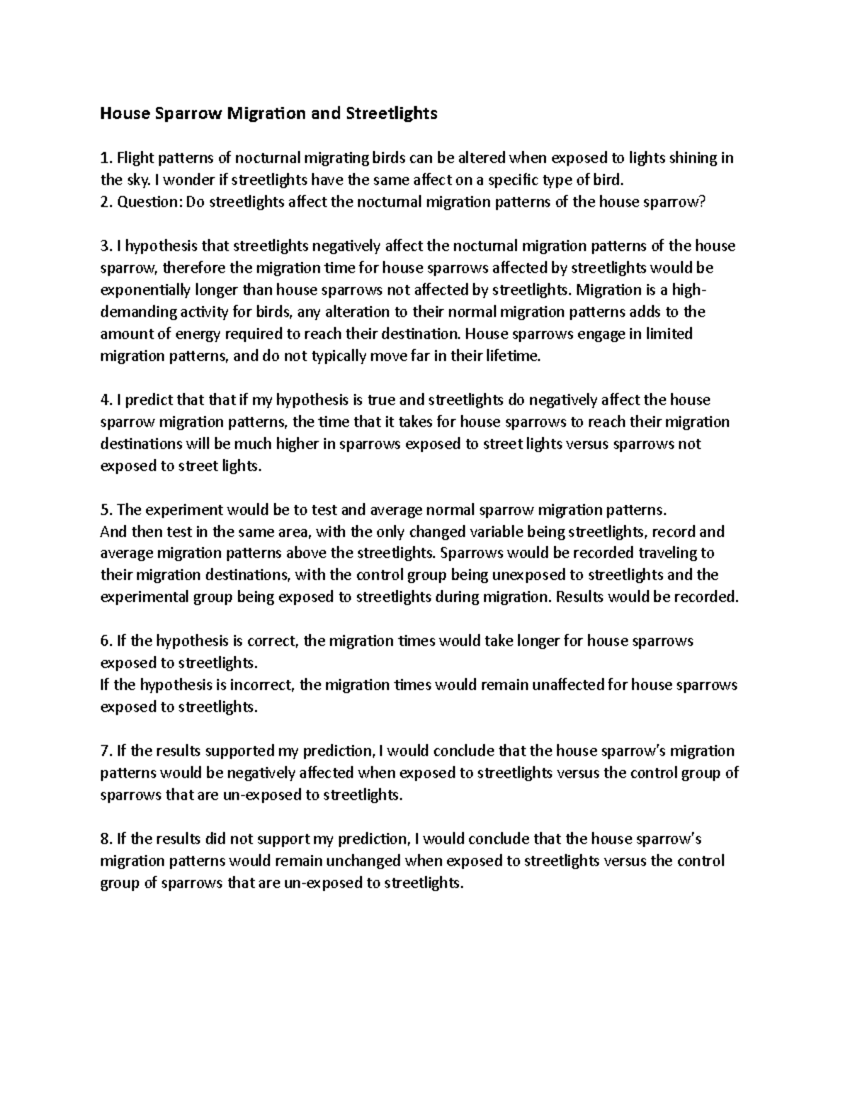 House Sparrow Migration and Streetlights House Sparrow Migration and