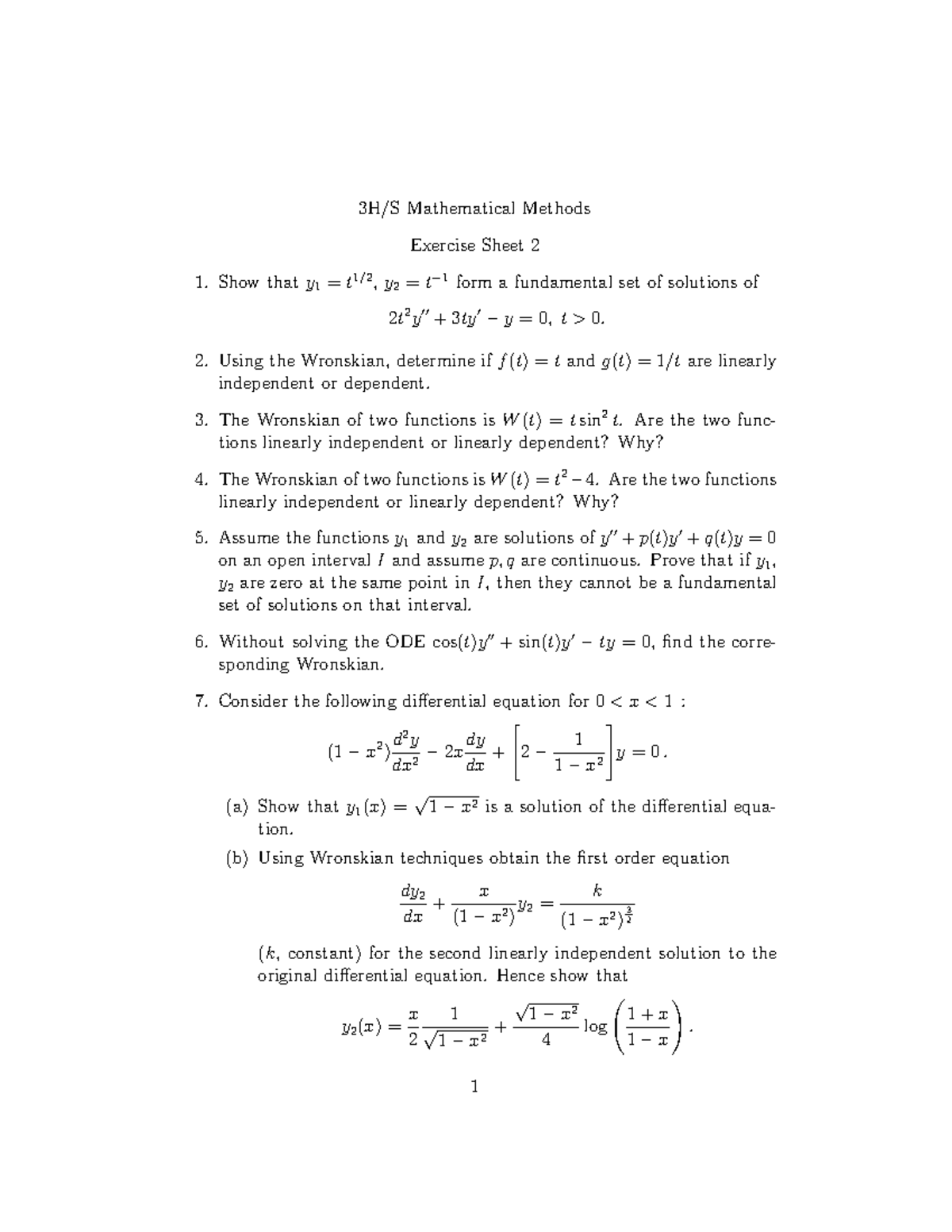 3h Math Meth exsheet 2 - exercise sheet 2 - 3H/S Mathematical Methods ...