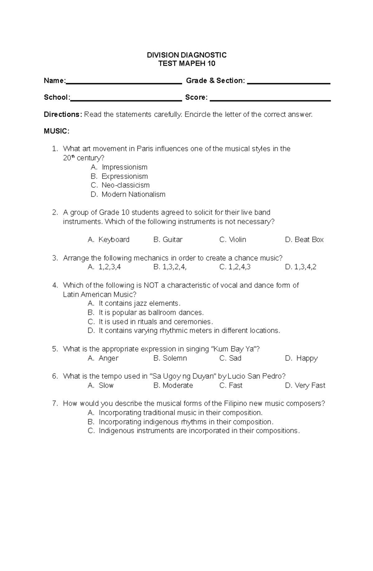 Mapeh 10 Diagnostic For Students Understanding Division Diagnostic