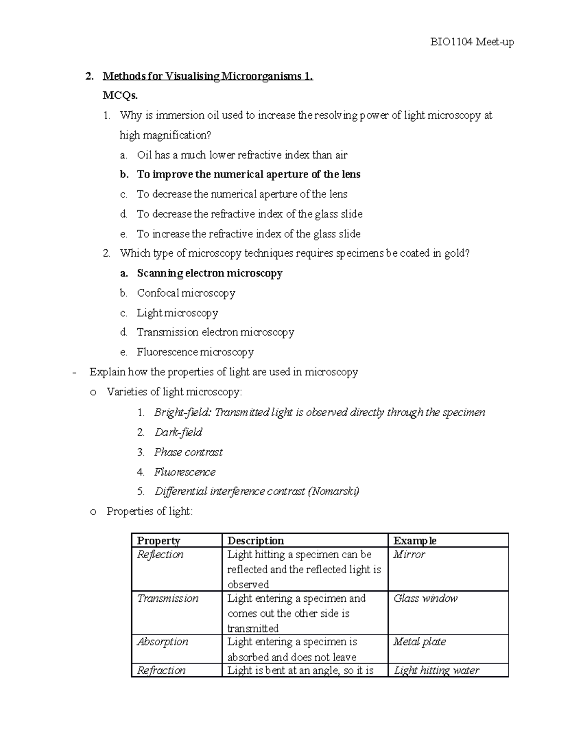 BIO1104 Lecture 2A Methods for visualising 1 plus MCQ