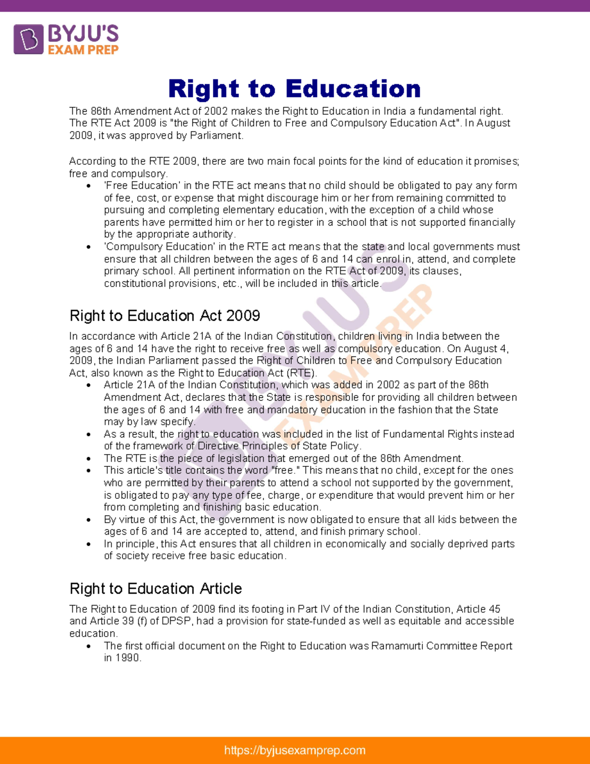 Right to education upsc notes 58 - Right to Education The 86th ...