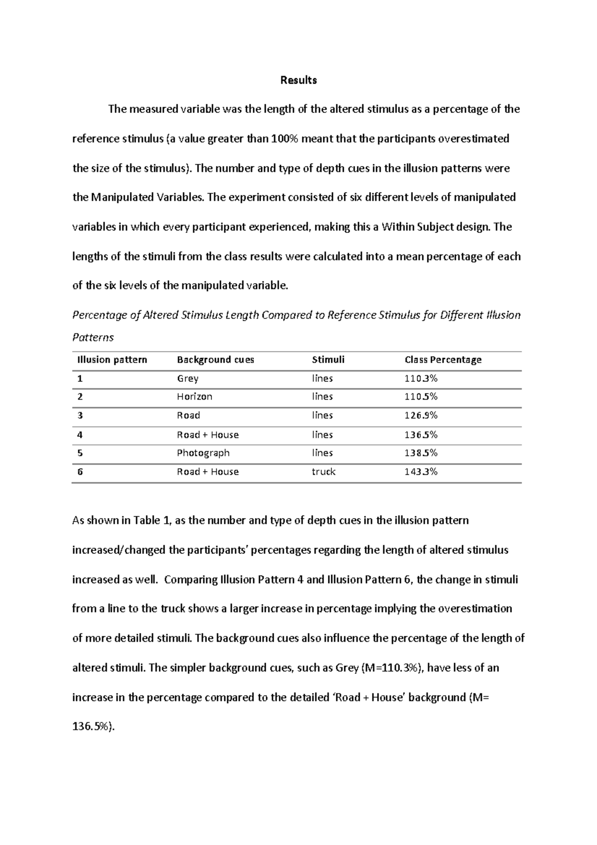 Lab Report Wk 4 Depth Perception (results) - Results The measured ...