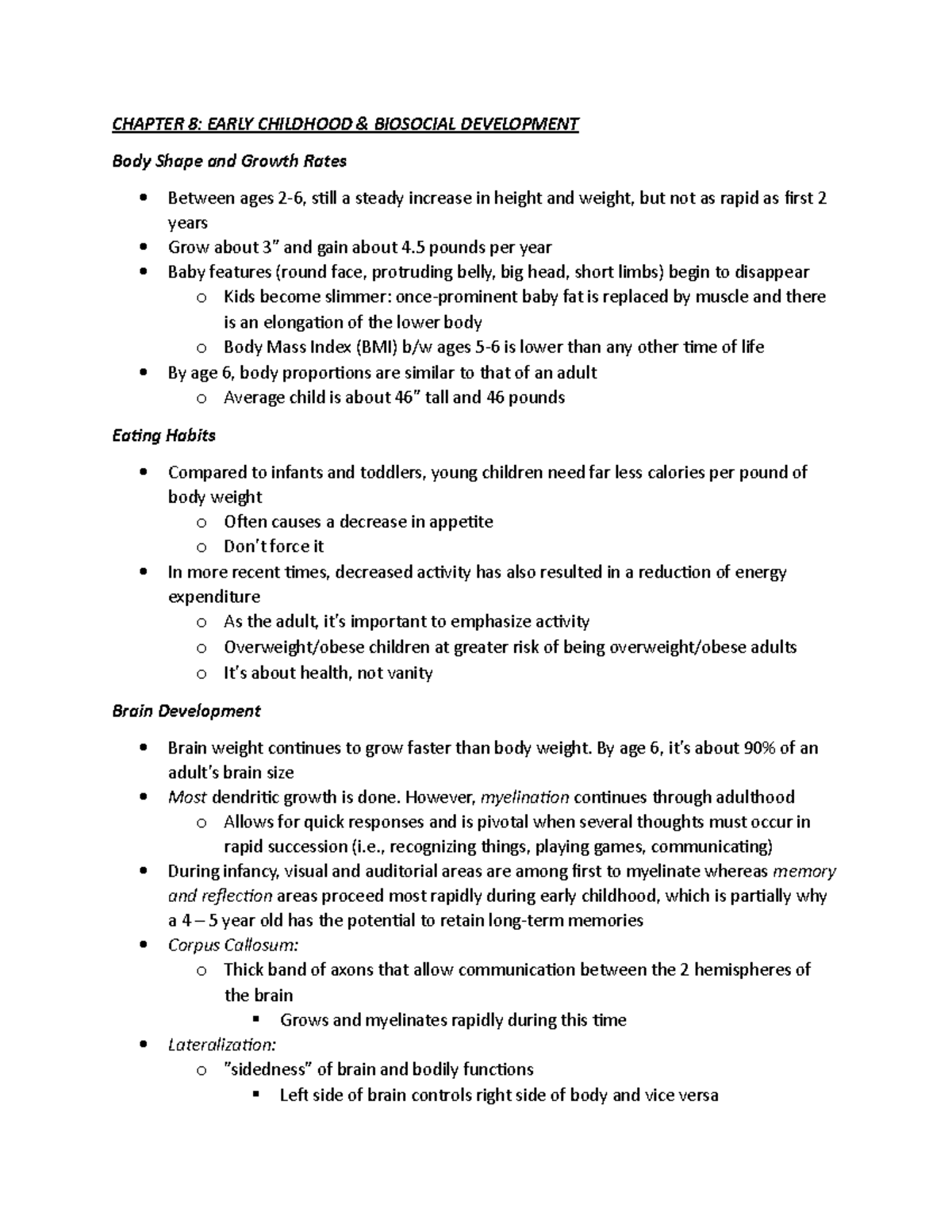 PSYC 246 notes week 6 - CHAPTER 8: EARLY CHILDHOOD & BIOSOCIAL ...