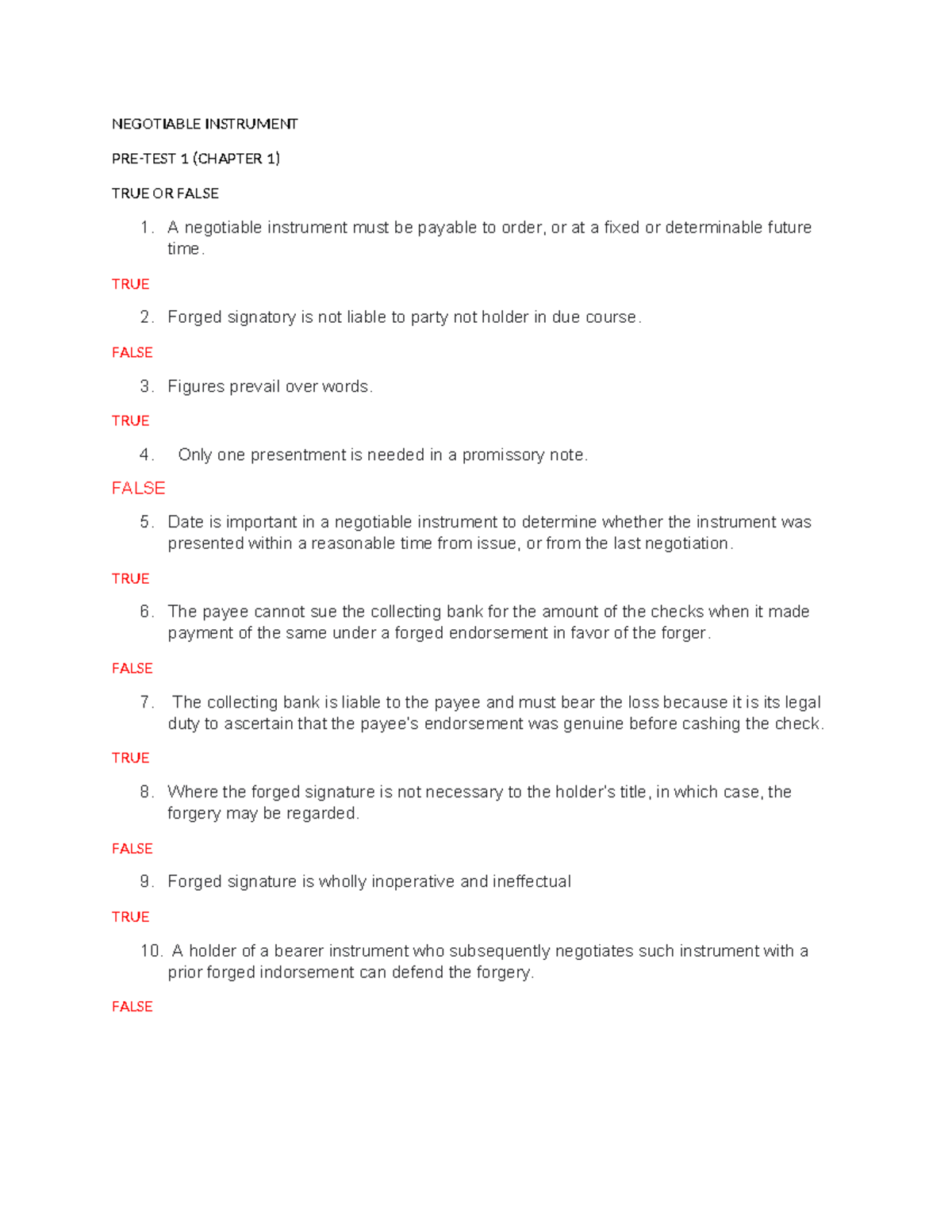 Negotiable Instrument PRE-TEST - NEGOTIABLE INSTRUMENT PRE-TEST 1 ...