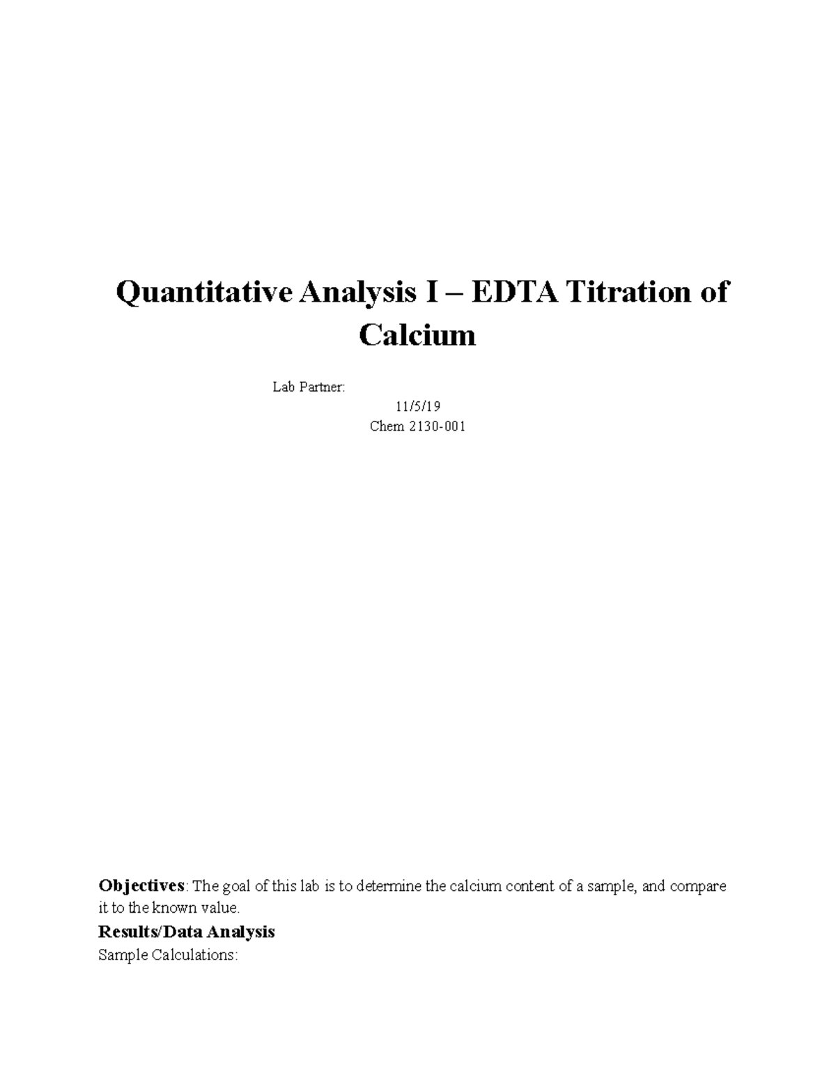 Qualitative Solutions (Cations) Quantitative Analysis I EDTA