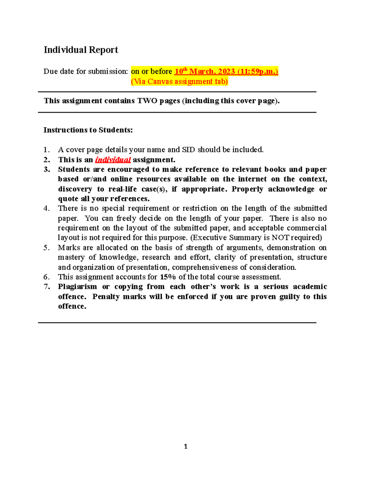 Individual report Instruction - Individual Report Due date for ...