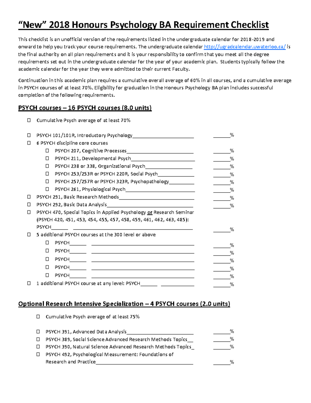 Program checklist psych - Arts 130 - UWaterloo - Studocu