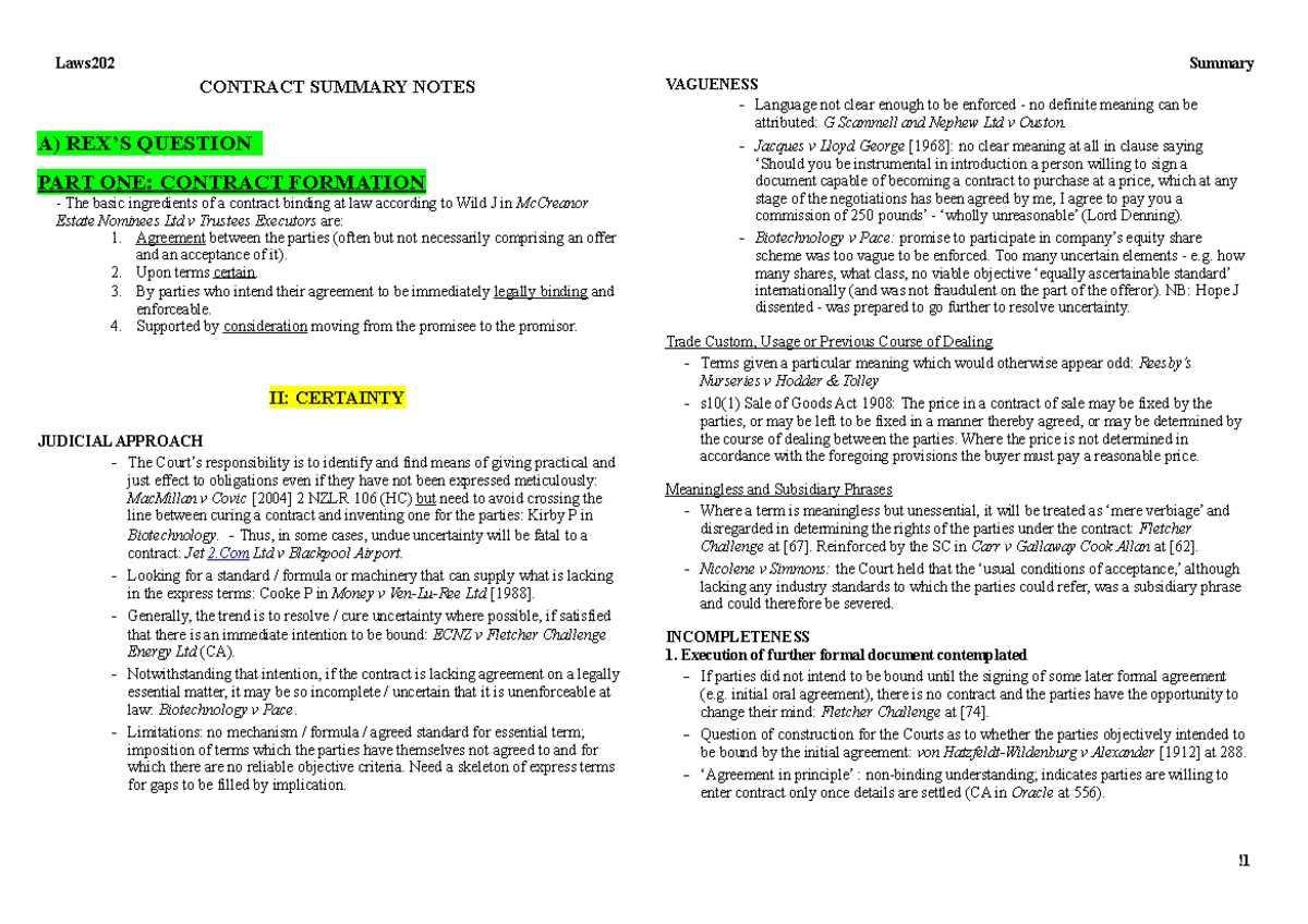 Contract Law notes - CONTRACT SUMMARY NOTES A) REX’S QUESTION PART ONE ...