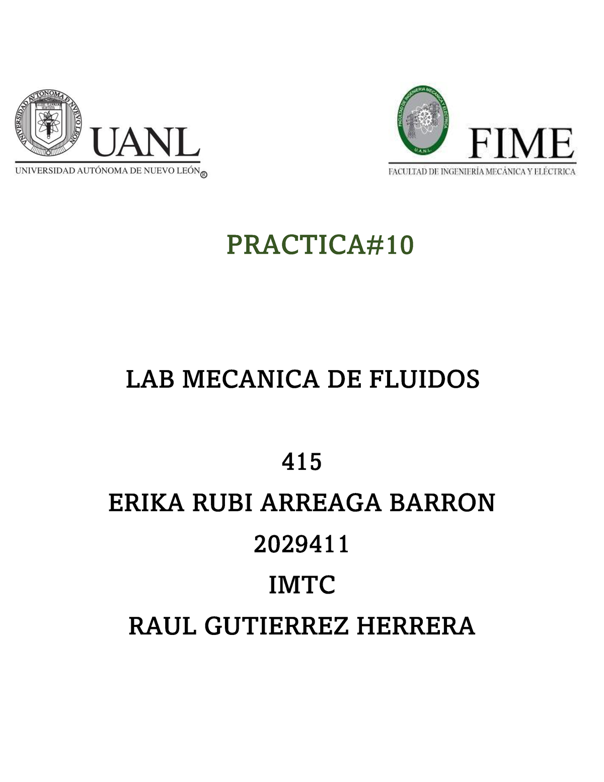 Practica 10 Mecanica De Fluidos-1 - PRACTICA# LAB MECANICA DE FLUIDOS ...