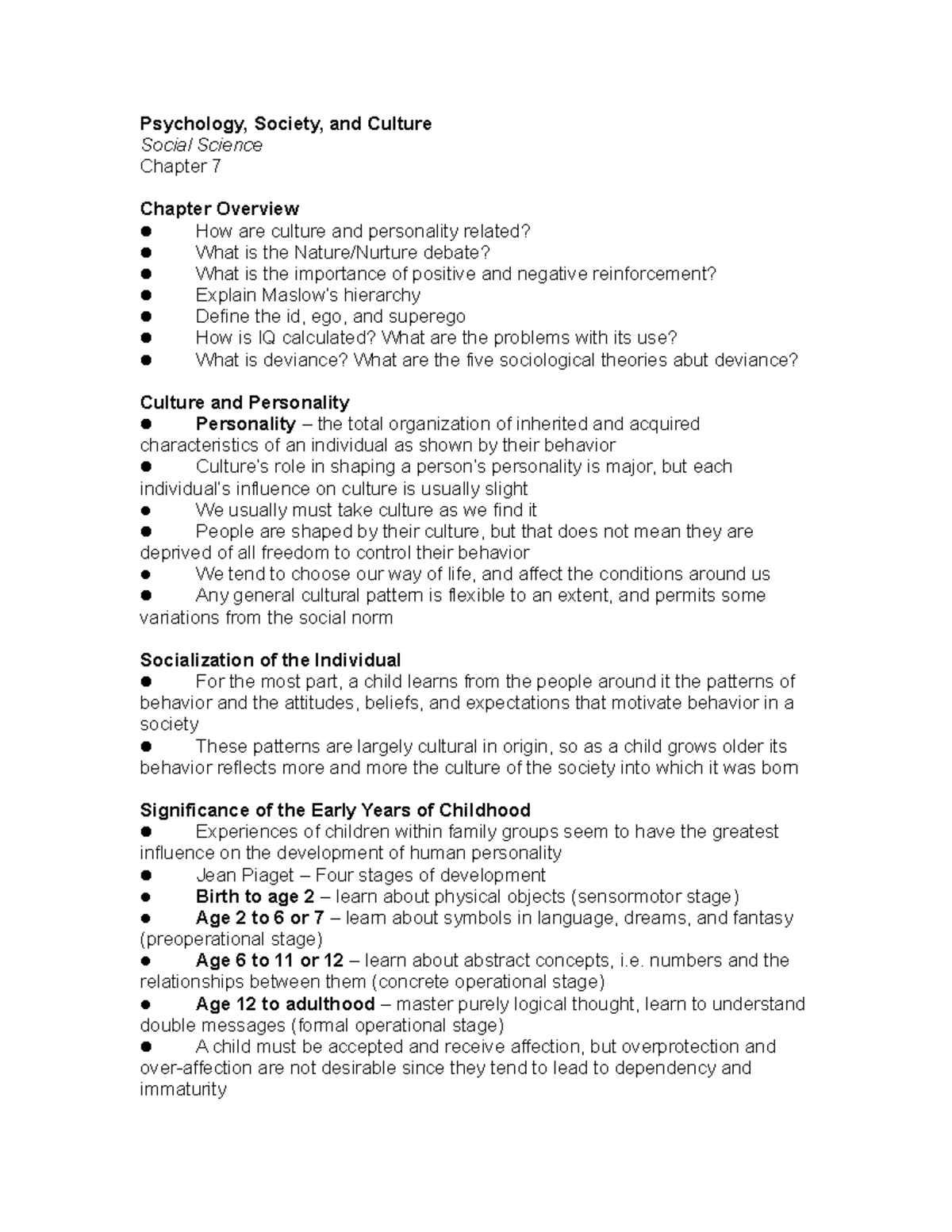 Chapter 7 notes for biology - Psychology, Society, and Culture Social ...