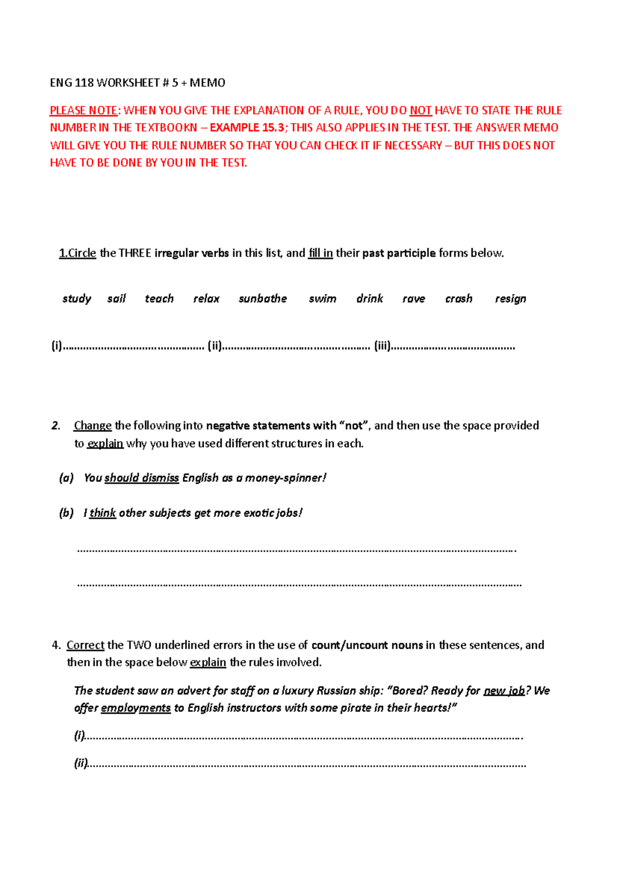 ENG 118 Worksheet #5 - eng 118 - ENG 118 WORKSHEET # 5 + MEMO PLEASE ...