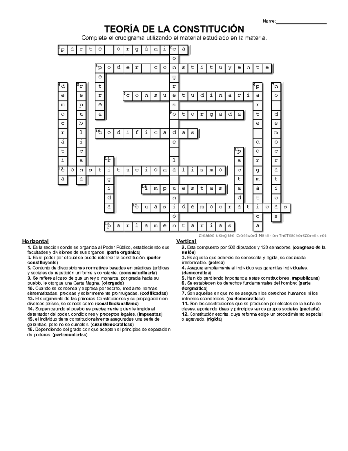 Crucigrama - TEORÍA DE LA CONSTITUCIÓN Complete el crucigrama