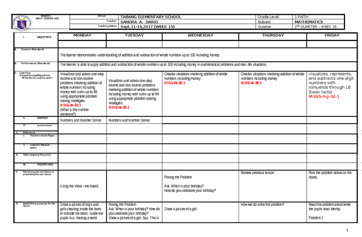 WEEK 15 QTR 2 MATH 1 - GRADE 1 DAILY LESSON LOG School TABANG ...
