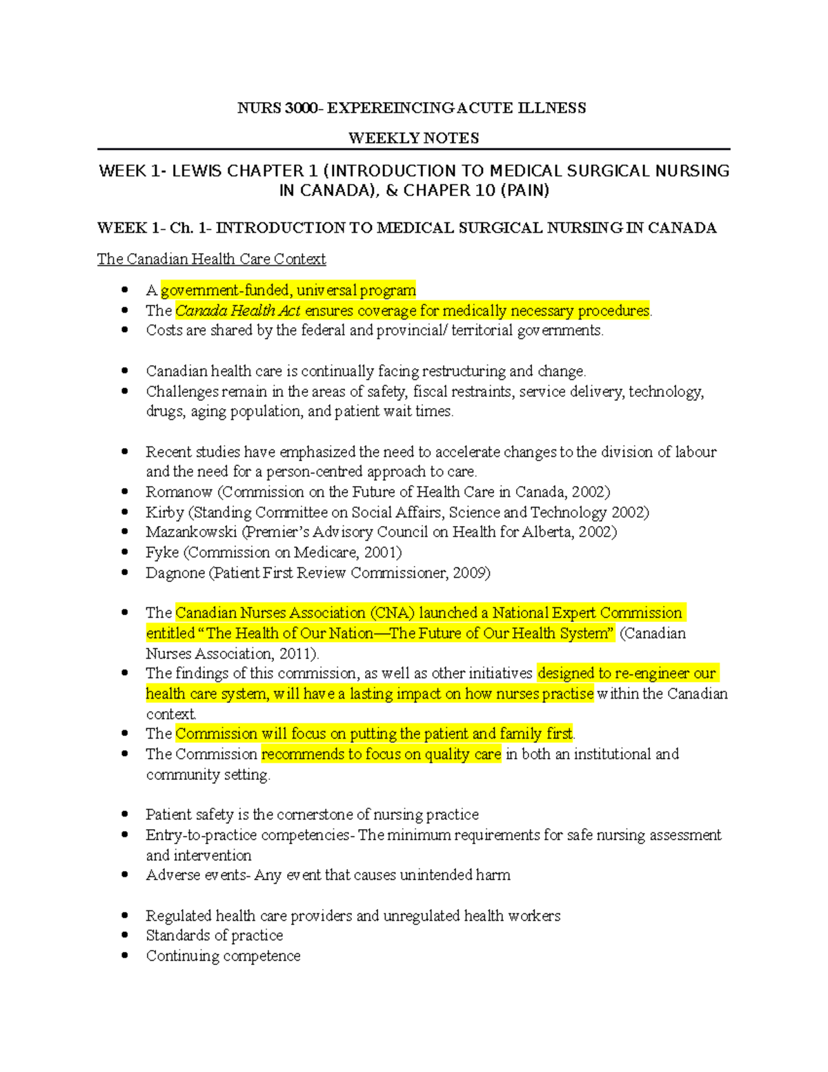 Weekly Notes FOR MIDTERM EXAM - NURS 3000- EXPEREINCING ACUTE ILLNESS ...