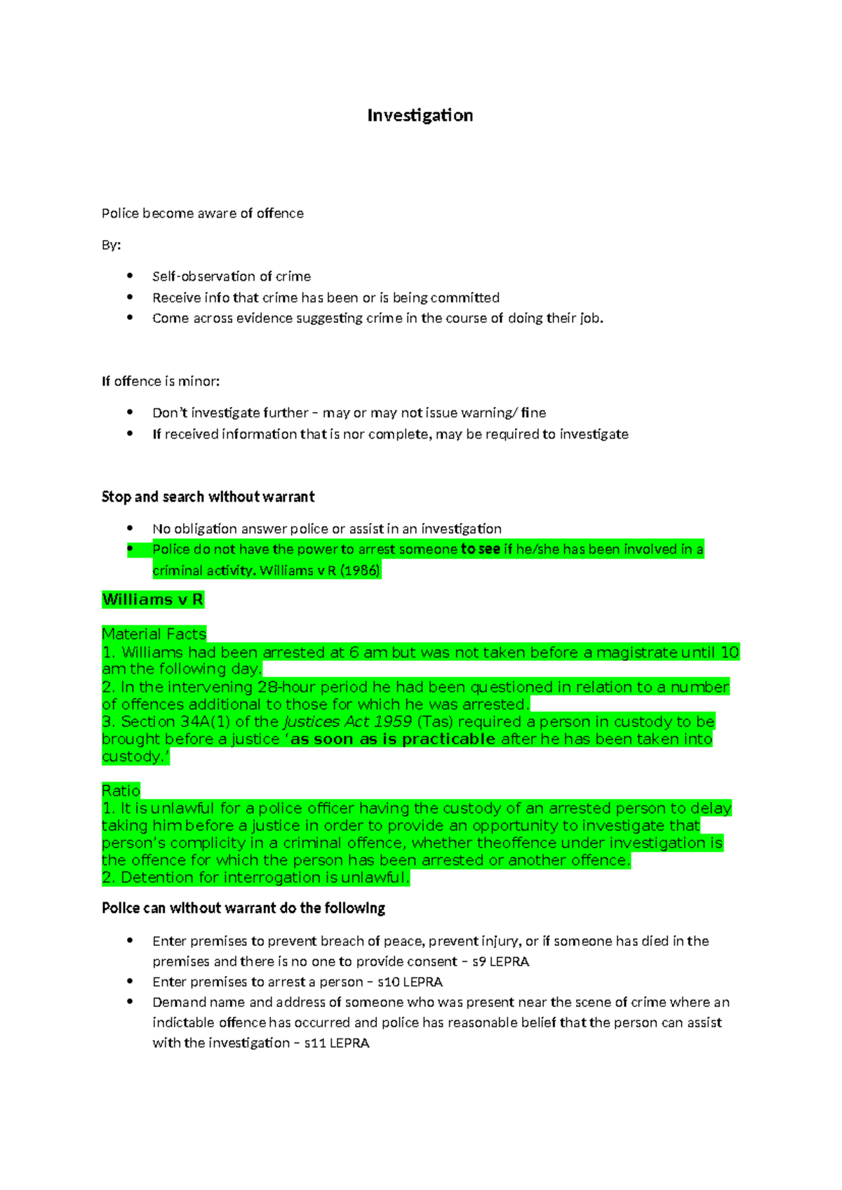 Criminal Procedure Notes - Investigation Police become aware of offence ...