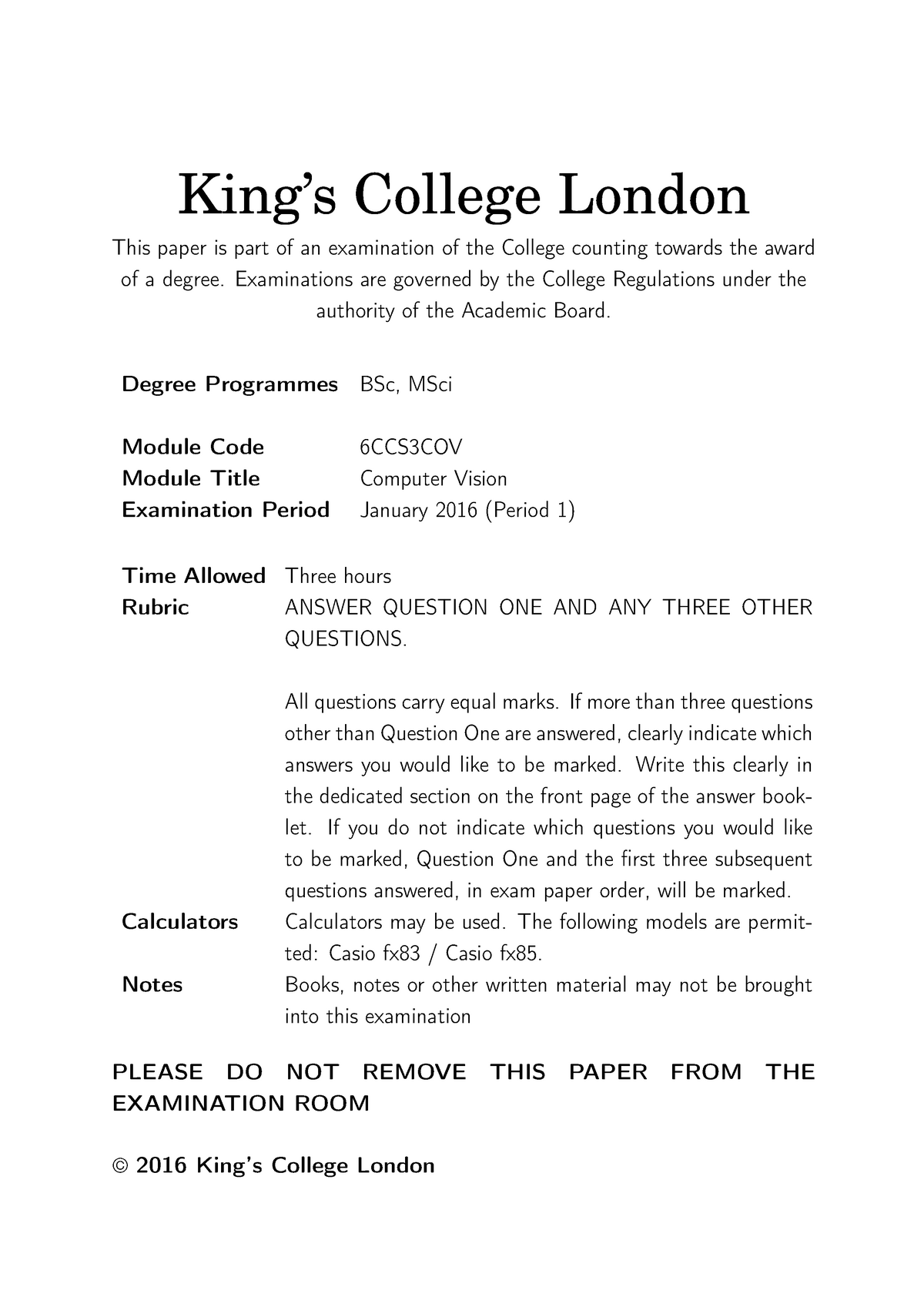 Exam For 2015-2016, Questions - King’s College London This Paper Is ...