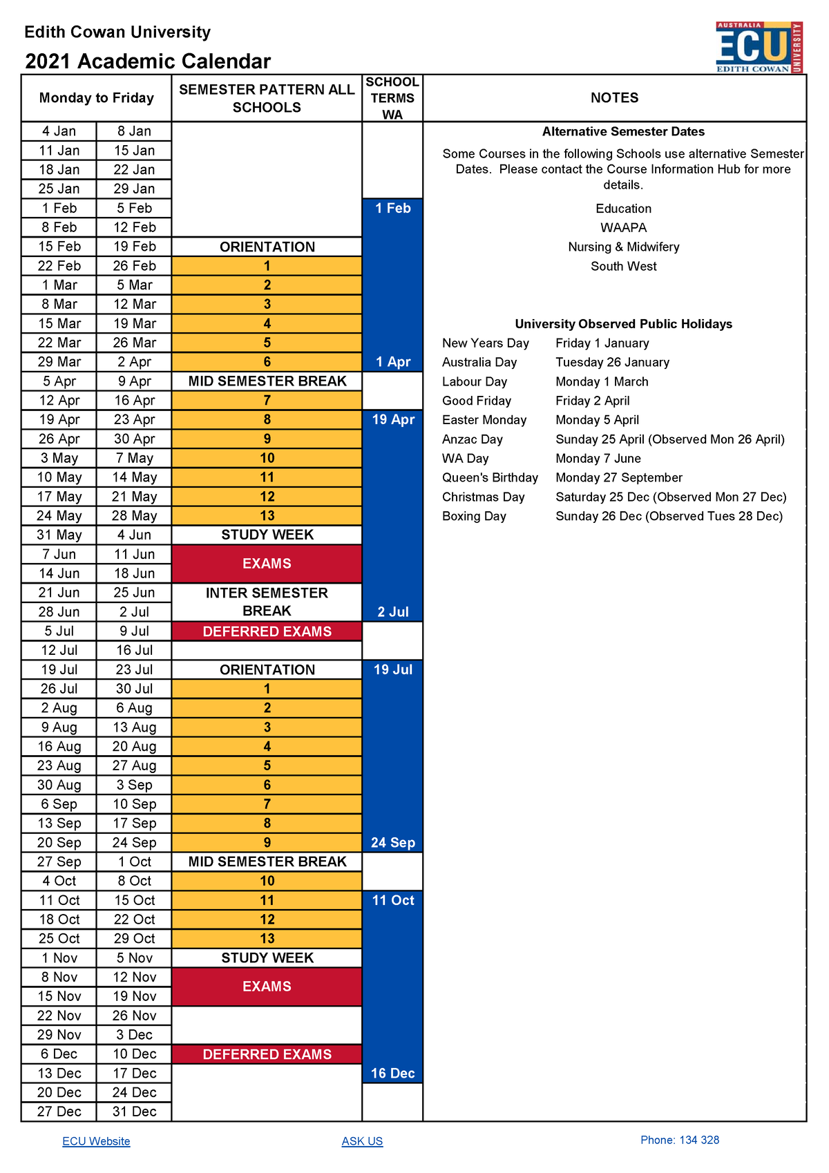 Edith Cowan University Academic Calendar 2025