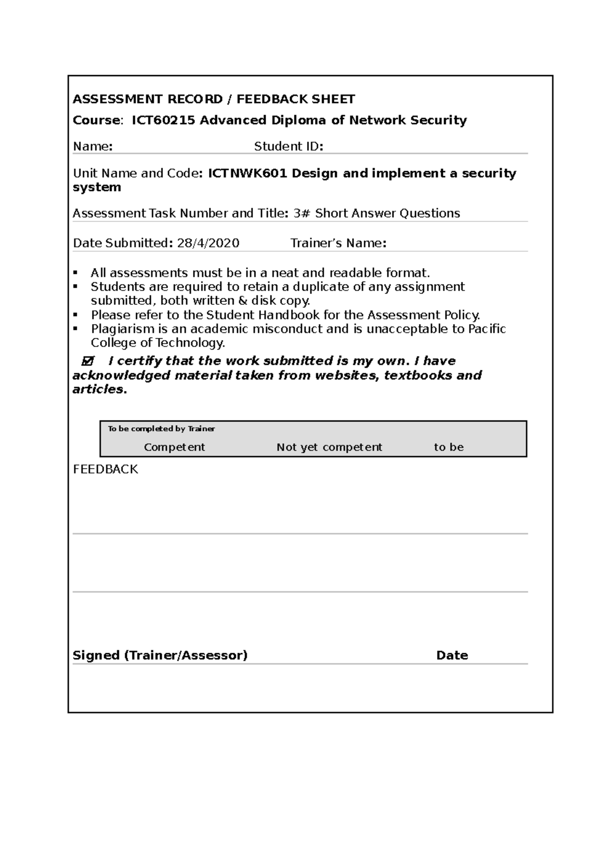 Ictnwk 601 Design and implement a security system Short Answer