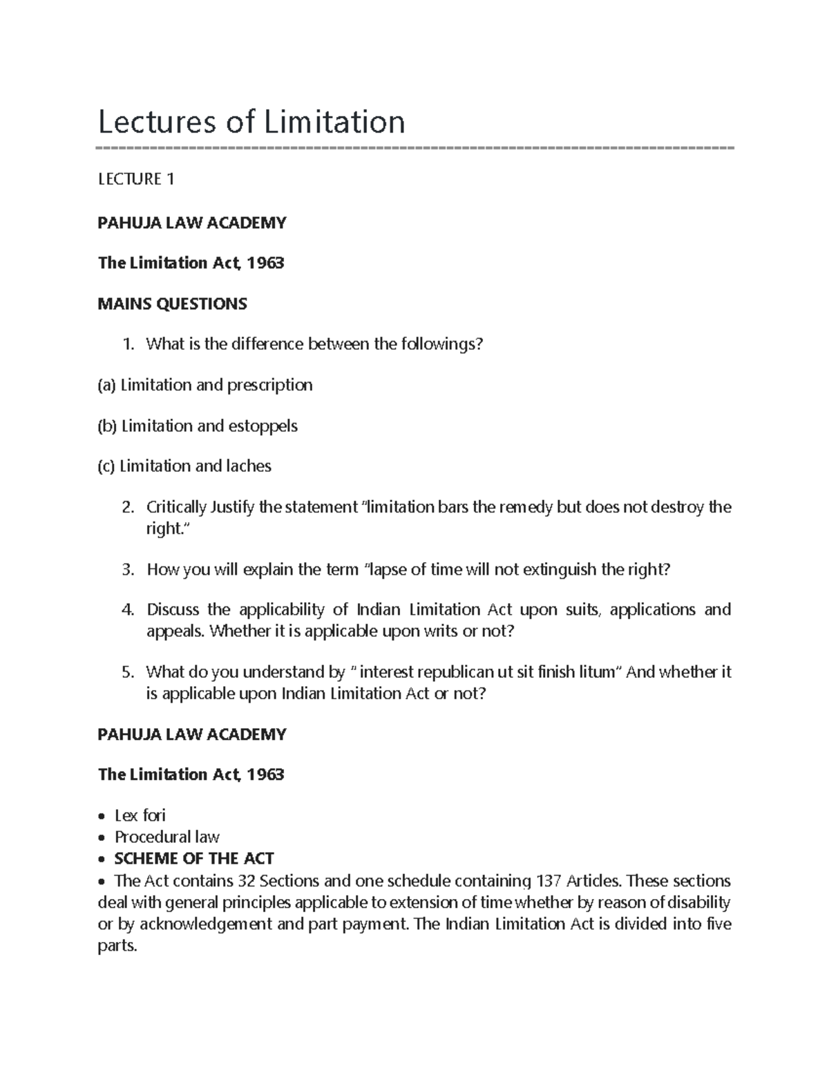 Lawcutor- Limitation Act Notes - Lectures Of Limitation LECTURE 1 ...