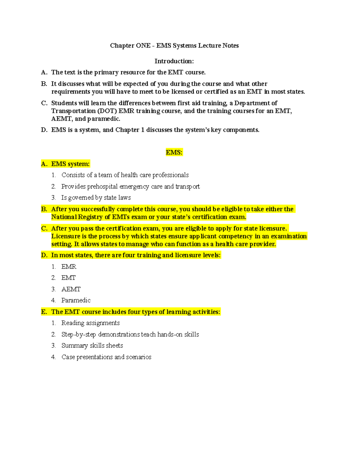 CH1-4 Notes - Chapter ONE - EMS Systems Lecture Notes Introduction: A ...